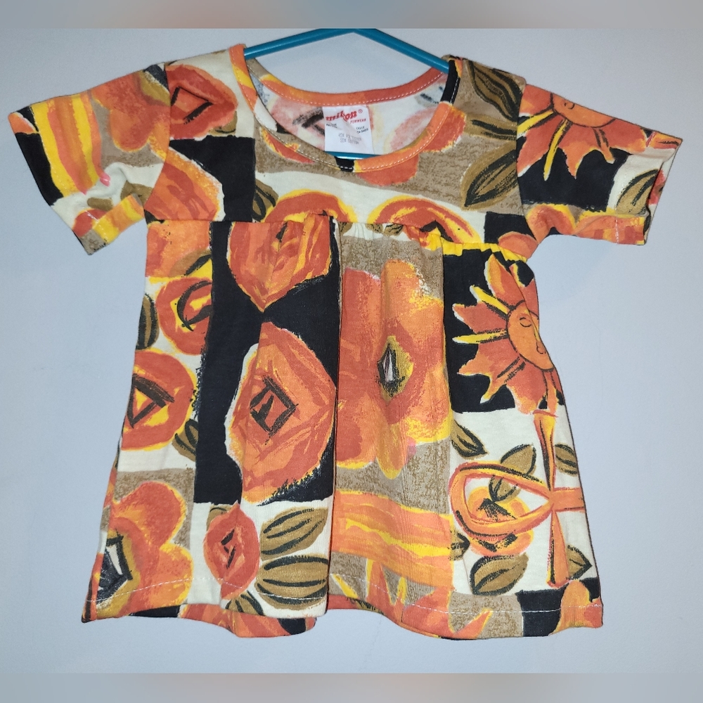 🌞 90s Vintage Orange Black & Yellow Flower Sunshine Print Swing Top Toddlers 2T